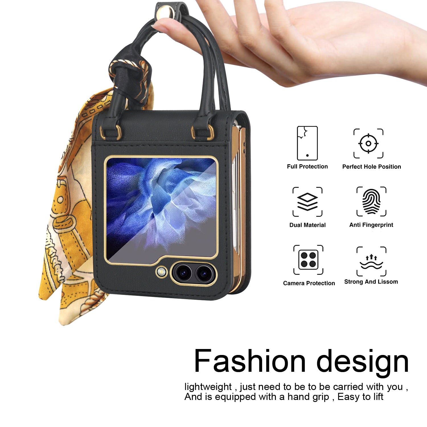 For Samsung Galaxy Z Flip5 5G Ribbon Hand Grip Phone Case PU Leather Coated PC Cover with Tempered Glass Film For Samsung Galaxy Z Flip5 5G Ribbon Hand Grip Phone Case PU Leather Coated PC Cover with Tempered Glass Film